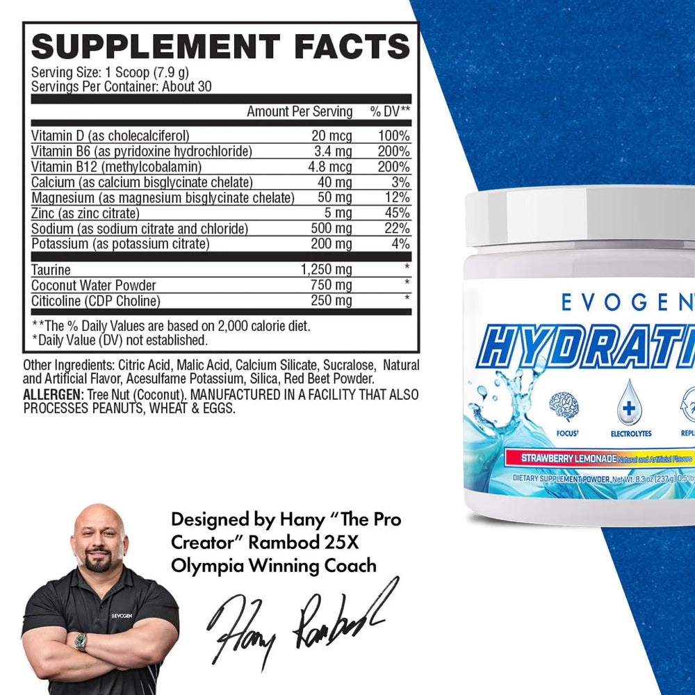 Evogen Hydration tub label closeup showing sugar-free formula for athletes