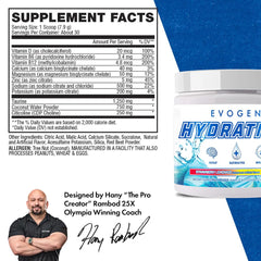 Evogen Hydration tub label closeup showing sugar-free formula for athletes