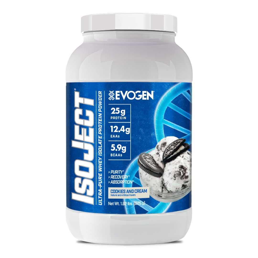 Evogen Isoject bottle front with Cookies and Cream label signaling ultra pure recovery support.