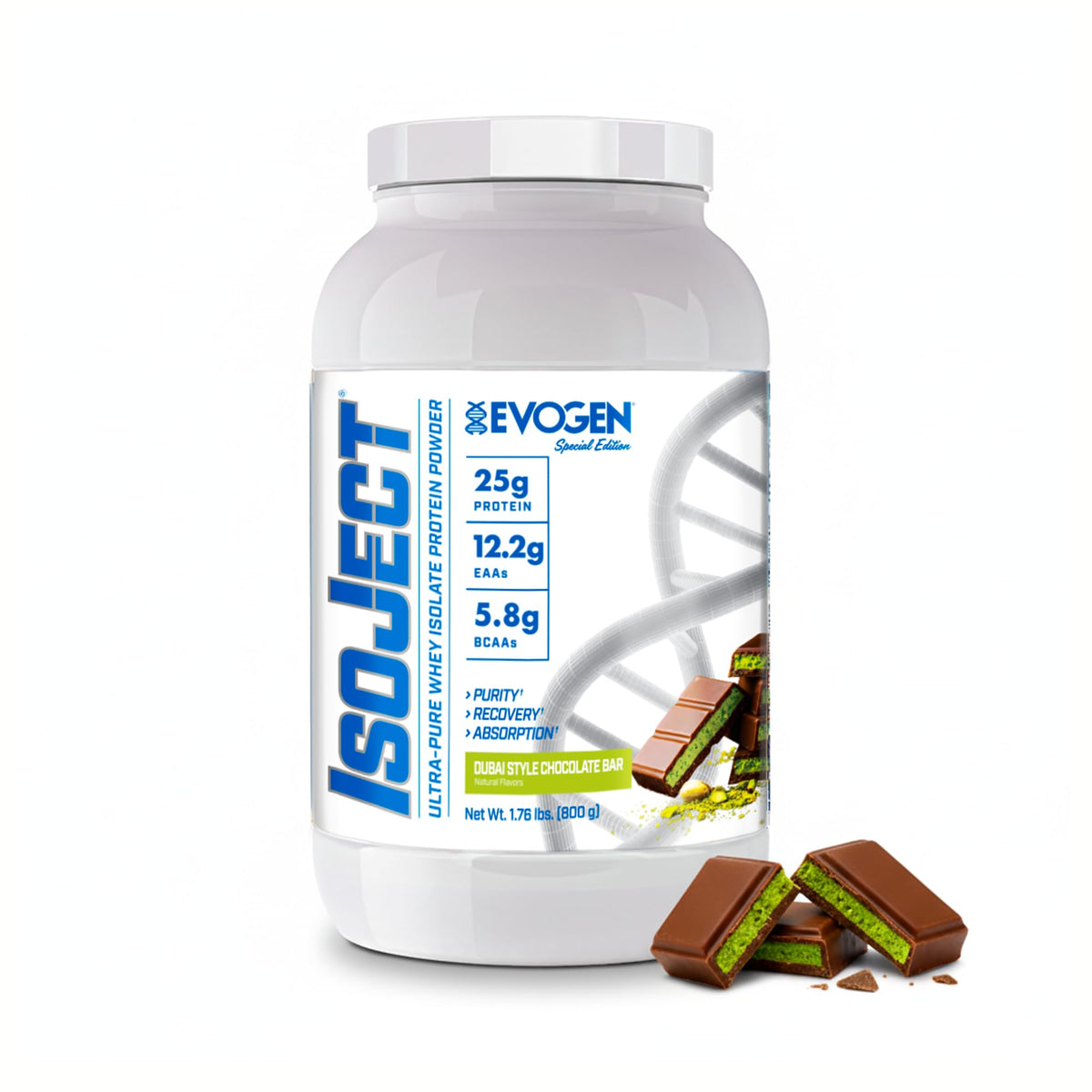 Evogen Isoject chocolate protein powder close-up for smooth mixing