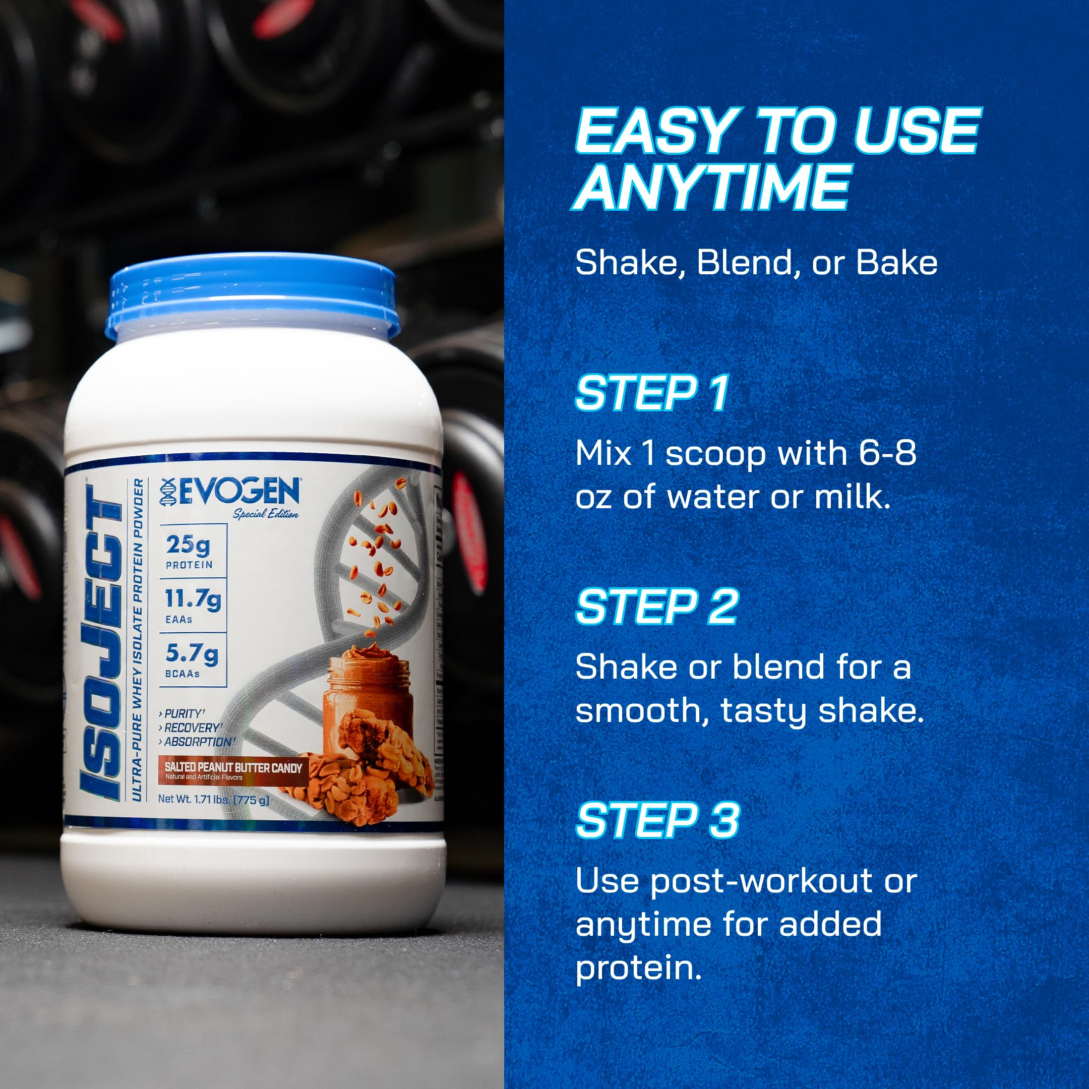 Evogen Isoject prepared shake beside glass shows salted peanut butter candy flavor