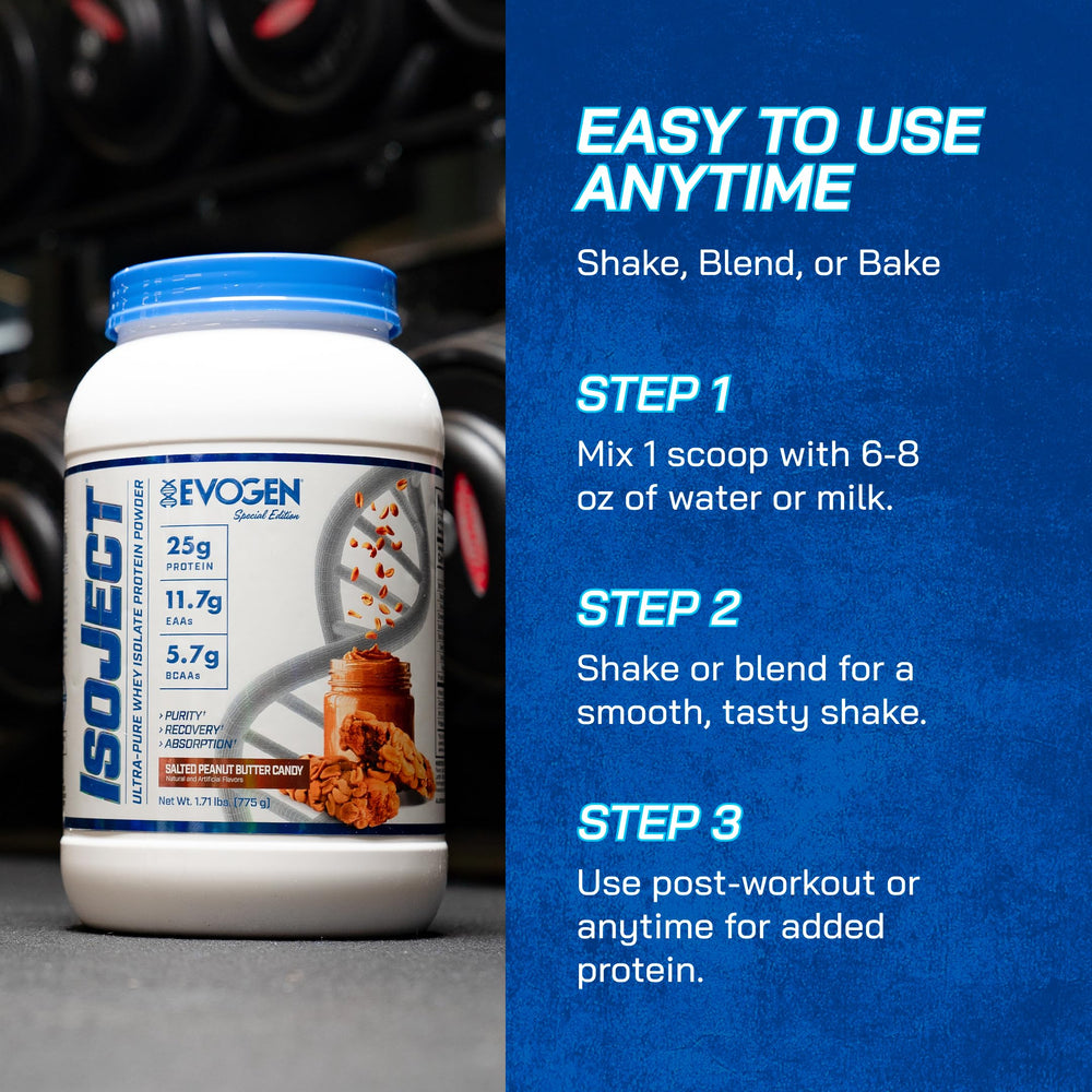 Evogen Isoject prepared shake beside glass shows salted peanut butter candy flavor