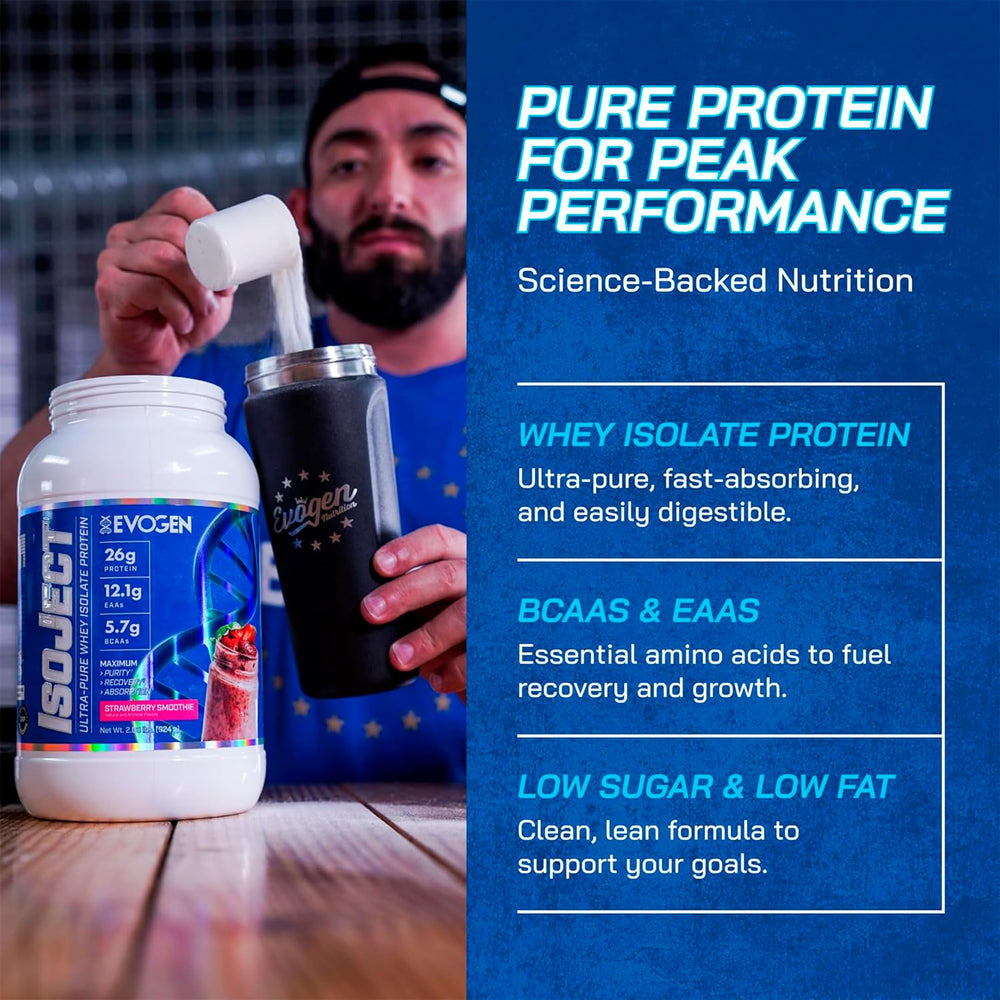 Evogen Isoject strawberry smoothie flavor in a glass ready to drink