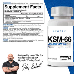 Evogen KSM-66 Ashwagandha bottle closeup shows capsule texture and purity