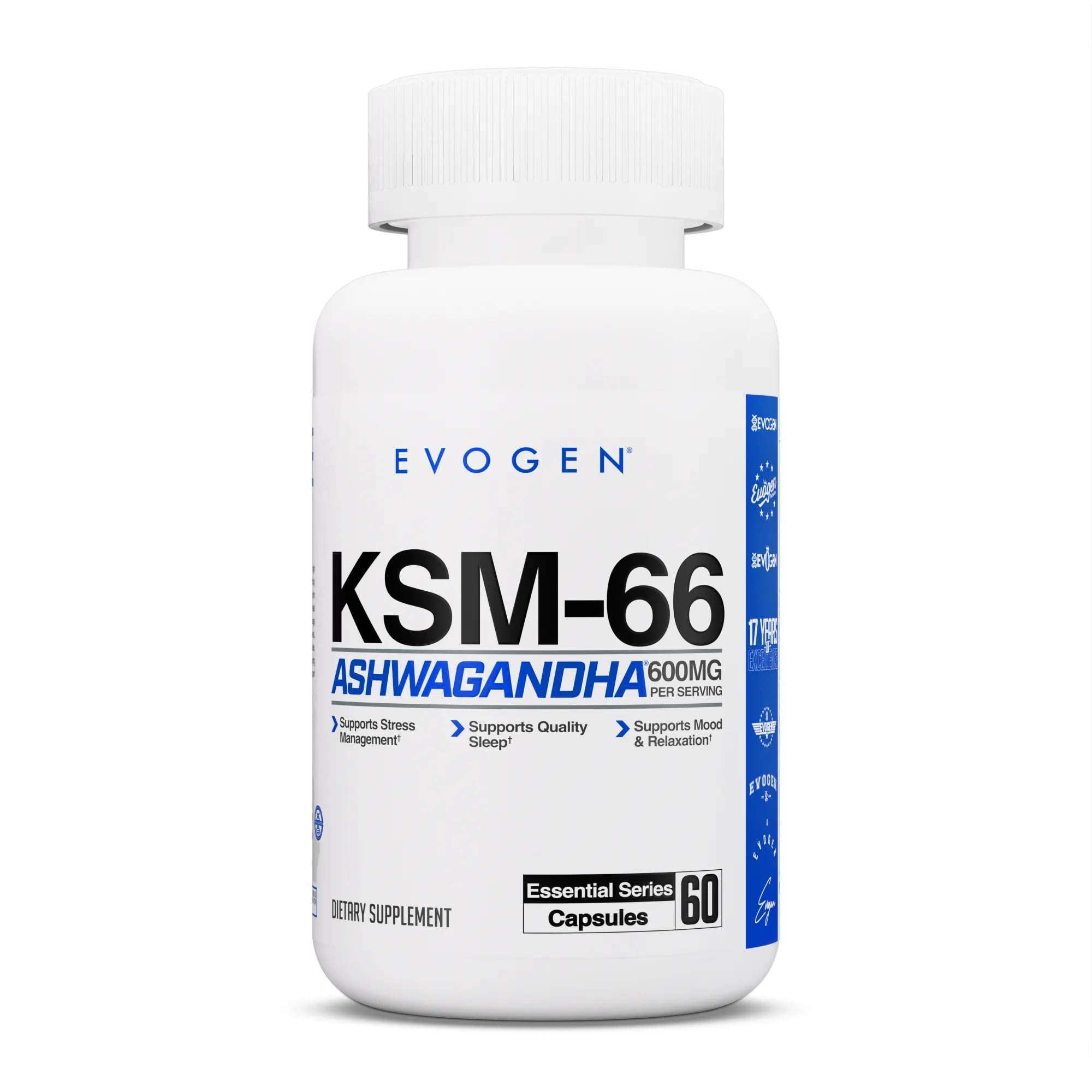 Evogen KSM-66 Ashwagandha bottle front supports daily calm and focus
