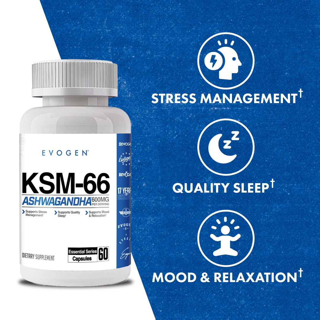 Pile of Evogen KSM-66 Ashwagandha 600mg capsules for easy daily use