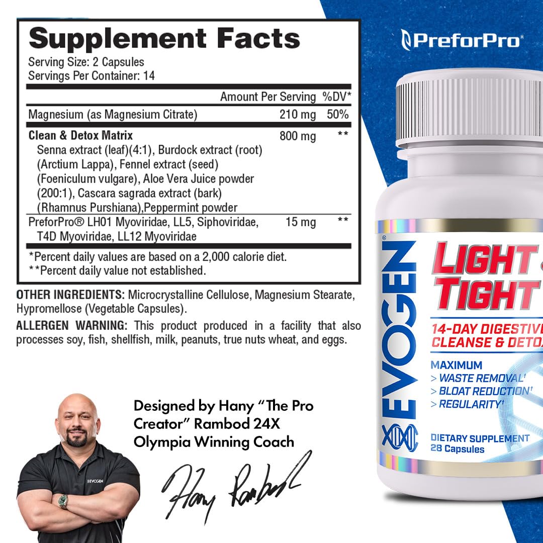Close view of Evogen Light & Tight bottle label with key ingredients