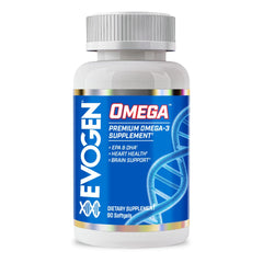 Evogen Omega Fish Oil bottle displaying purified EPA and DHA for overall wellness