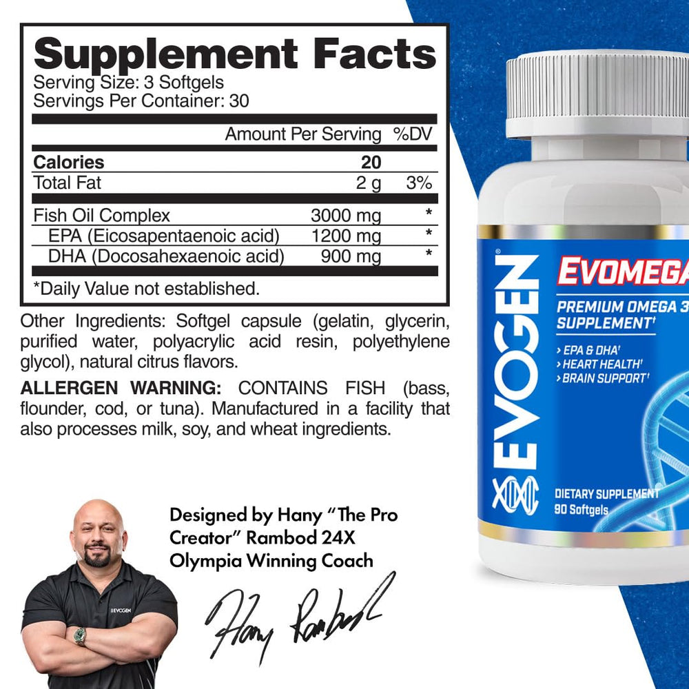 Evogen Omega Fish Oil label close-up highlighting EPA and DHA purity