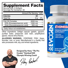 Evogen Omega Fish Oil label close-up highlighting EPA and DHA purity