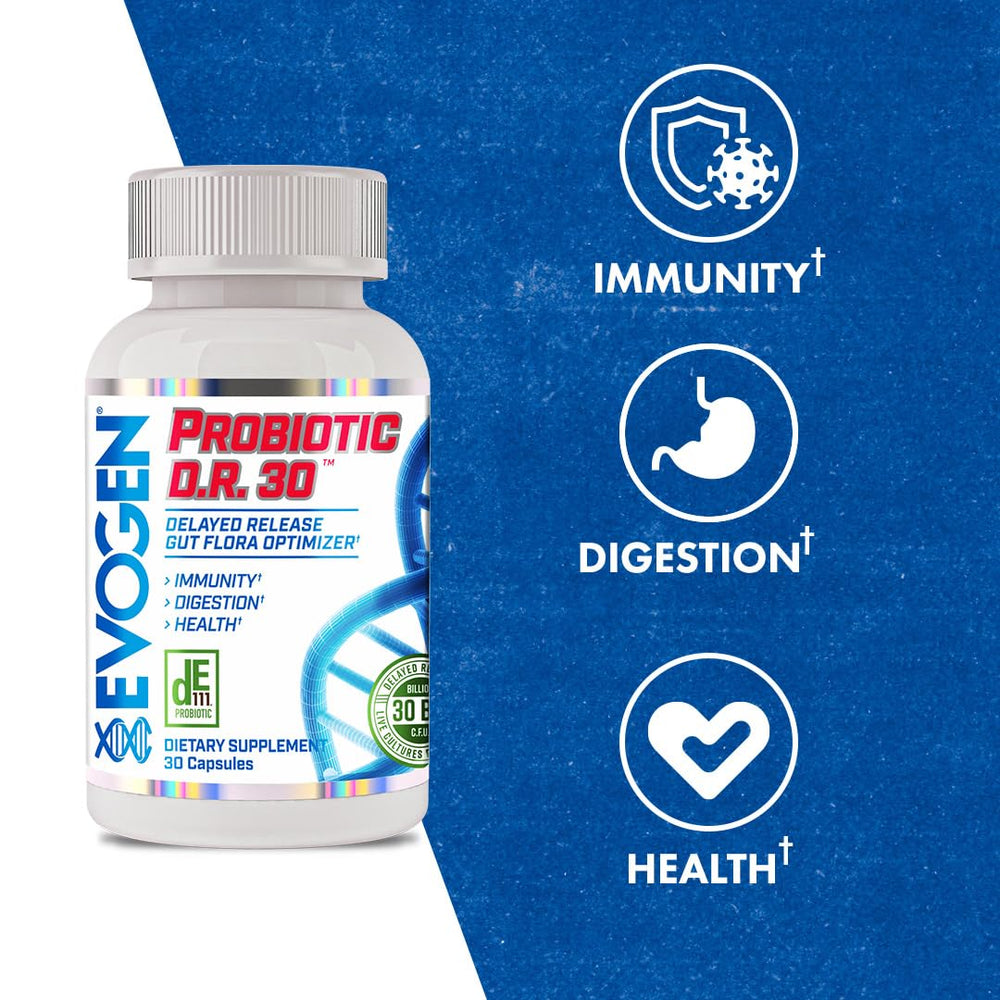 Evogen Probiotic D.R. 30 label highlighting DE111 clinically researched strain
