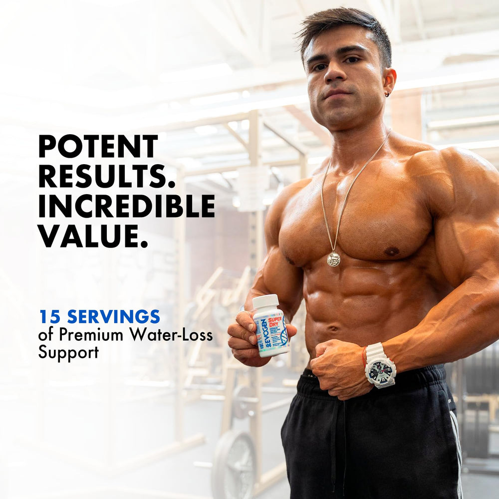 Competition prep setup showing Evogen Super Dry as part of regimen.