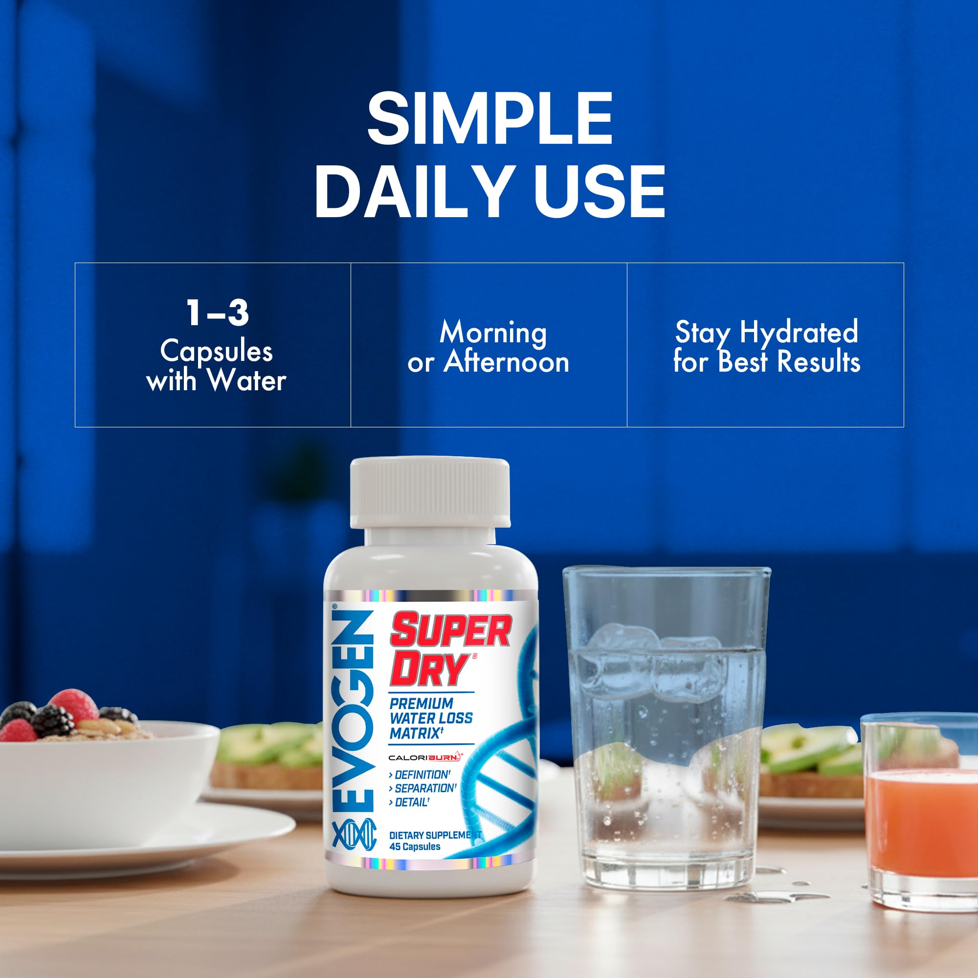 Juniper berry image alongside Evogen Super Dry suggesting gentle fluid balance.