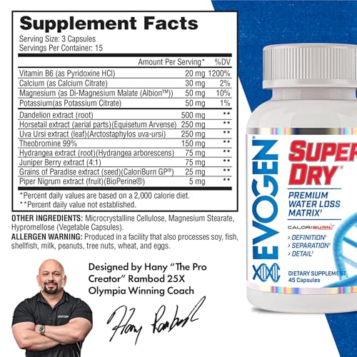 Evogen Super Dry label detail emphasizing natural diuretic ingredients and results.