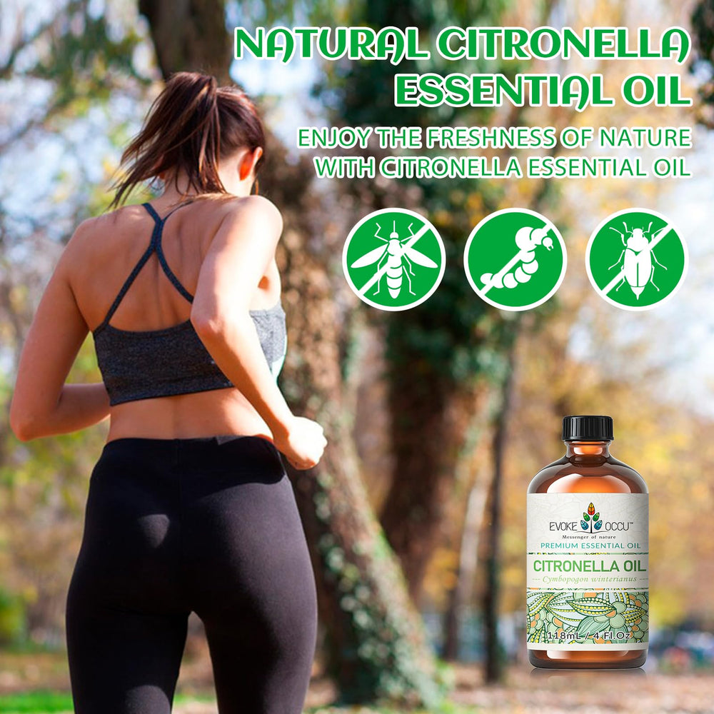 EVOKE OCCU Citronella oil spray bottle demonstrates versatile mist for skin and spaces.