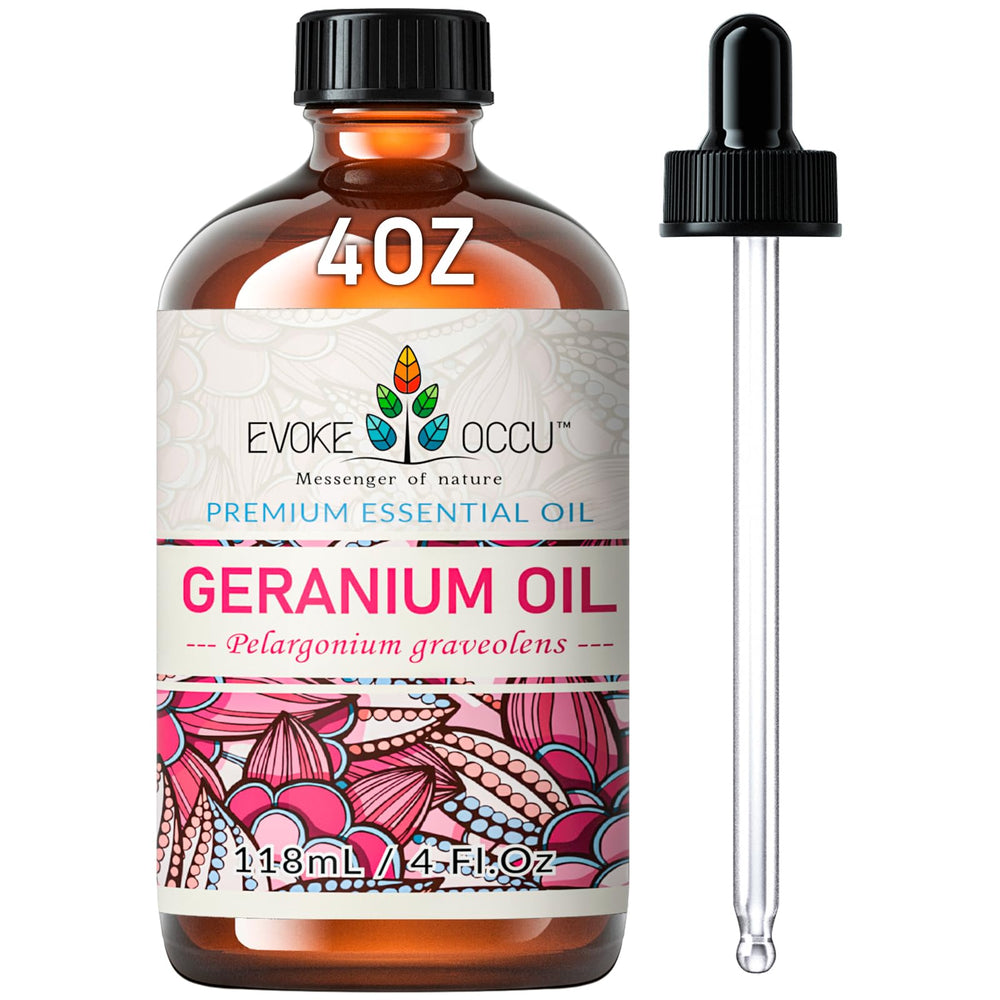 EVOKE OCCU Geranium oil bottle closeup for skin and hair care