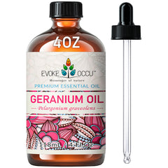 EVOKE OCCU Geranium oil bottle closeup for skin and hair care