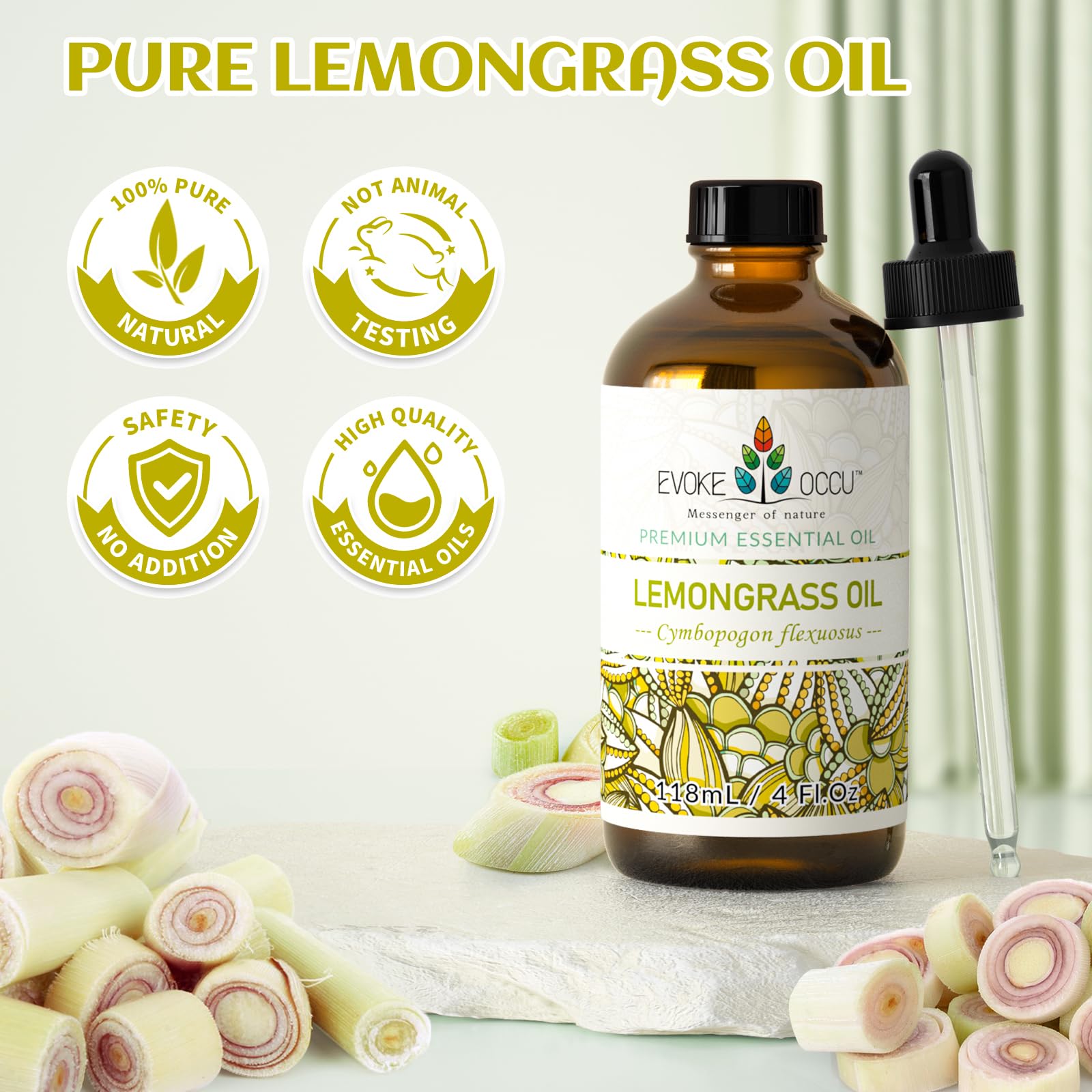 EVOKE OCCU lemongrass essential oil offers citrus-herb notes for DIY blends.