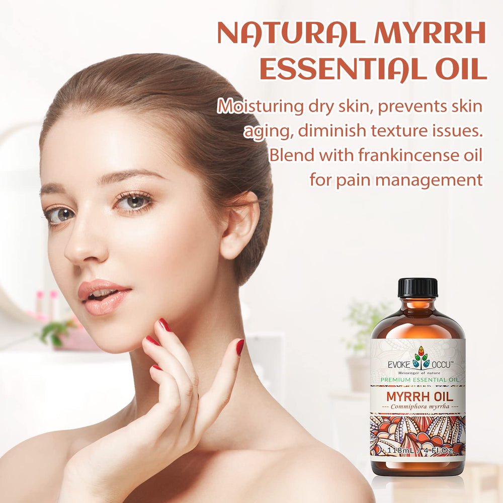 EVOKE OCCU Myrrh essential oil bottle beside amber glass, ideal for ambient care.