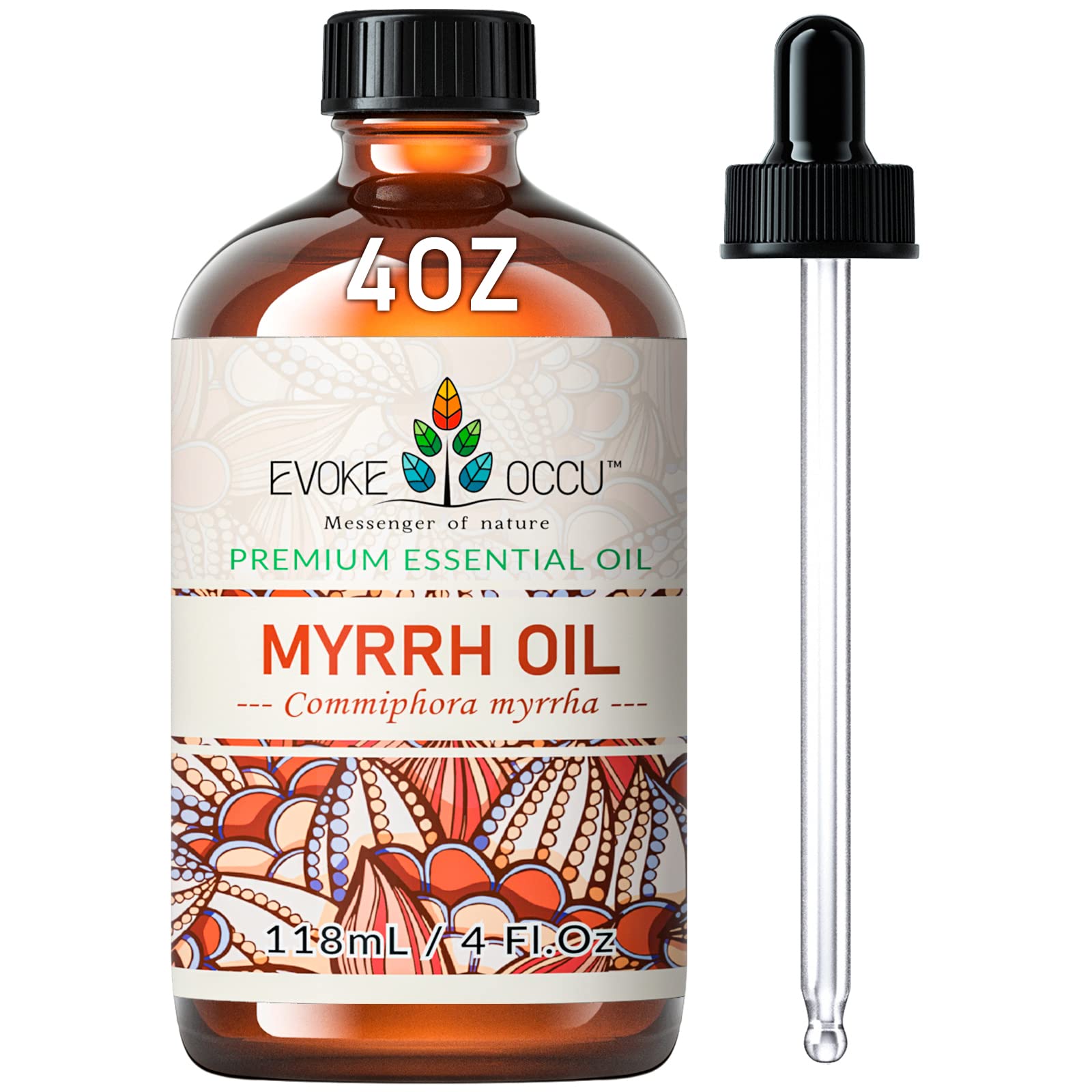EVOKE OCCU Myrrh essential oil bottle front for calming aromatherapy and skincare prep.