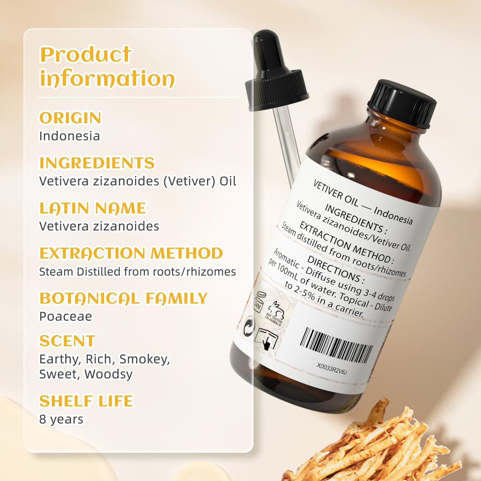 EVOKE OCCU Vetiver oil packaging closeup highlighting premium design