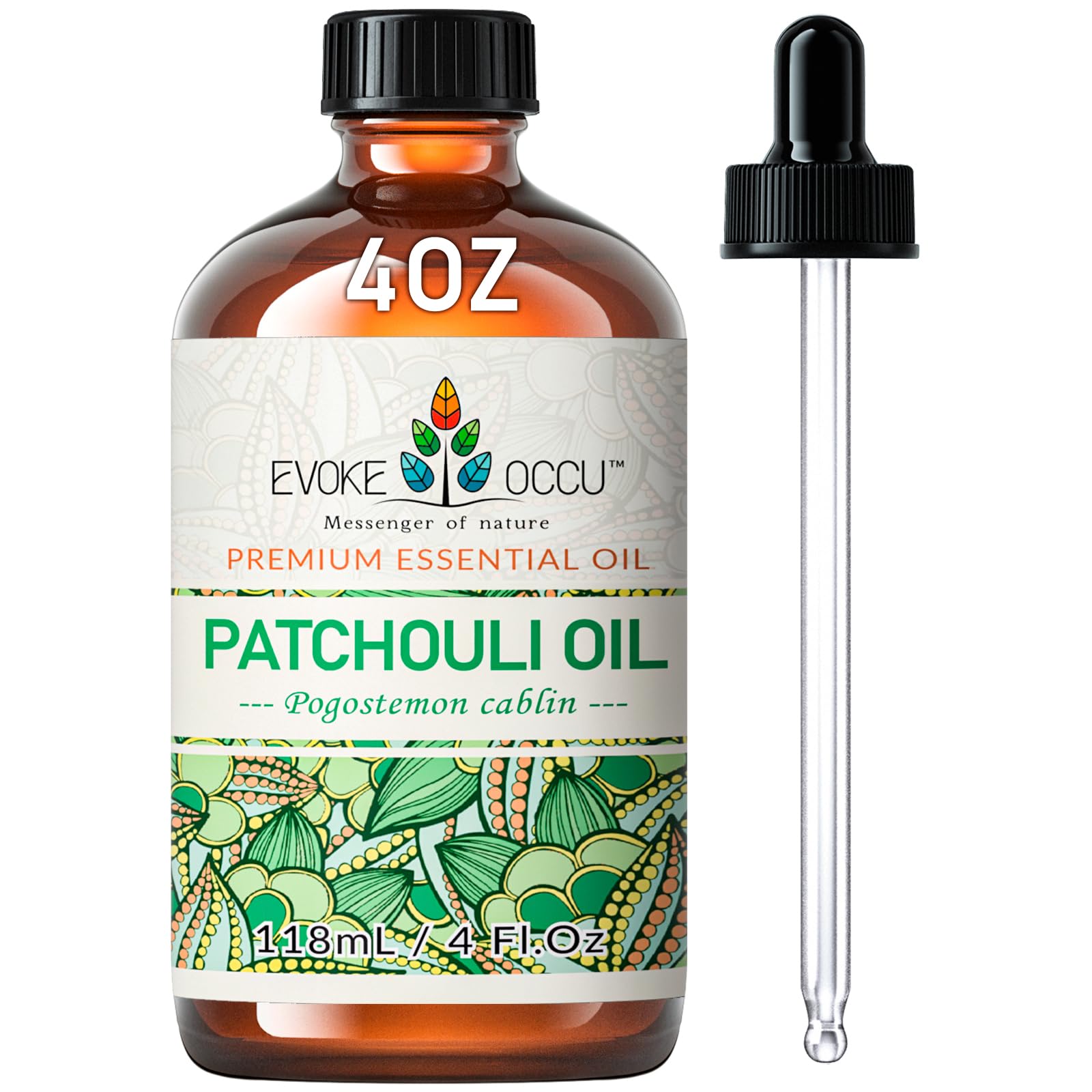 EVOKE OCCU Patchouli Oil in an amber bottle, ideal for diffusers and skincare.