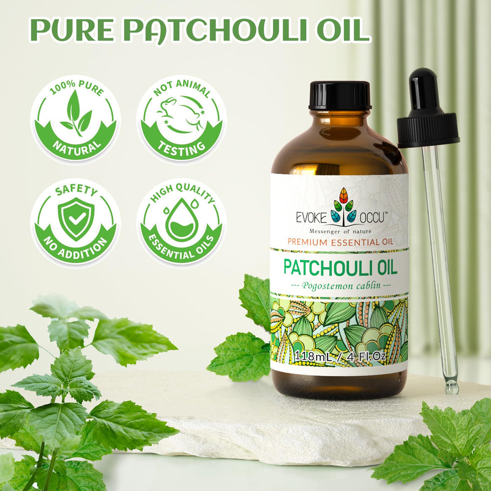 EVOKE OCCU Patchouli Oil stored in amber glass preserves potency.