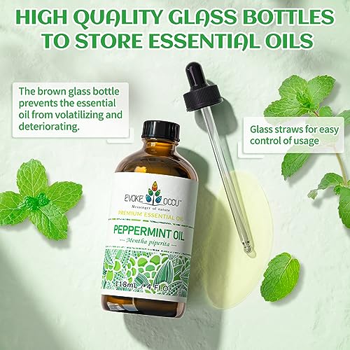EVOKE OCCU Peppermint Oil safety instructions near bottle.