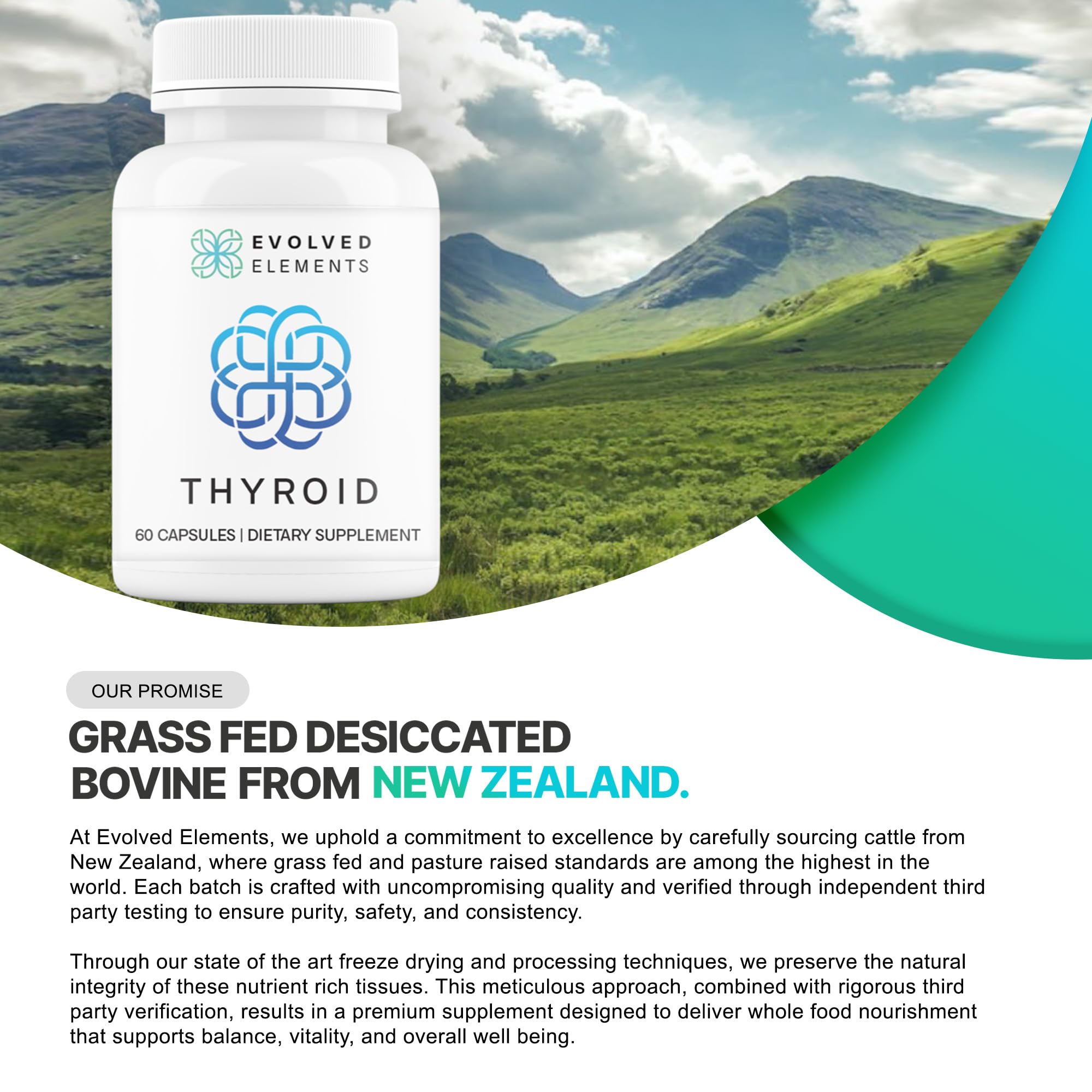 Evolved Elements Thyroid New Zealand sourcing image; lush pastures imply grass-fed quality for holistic living