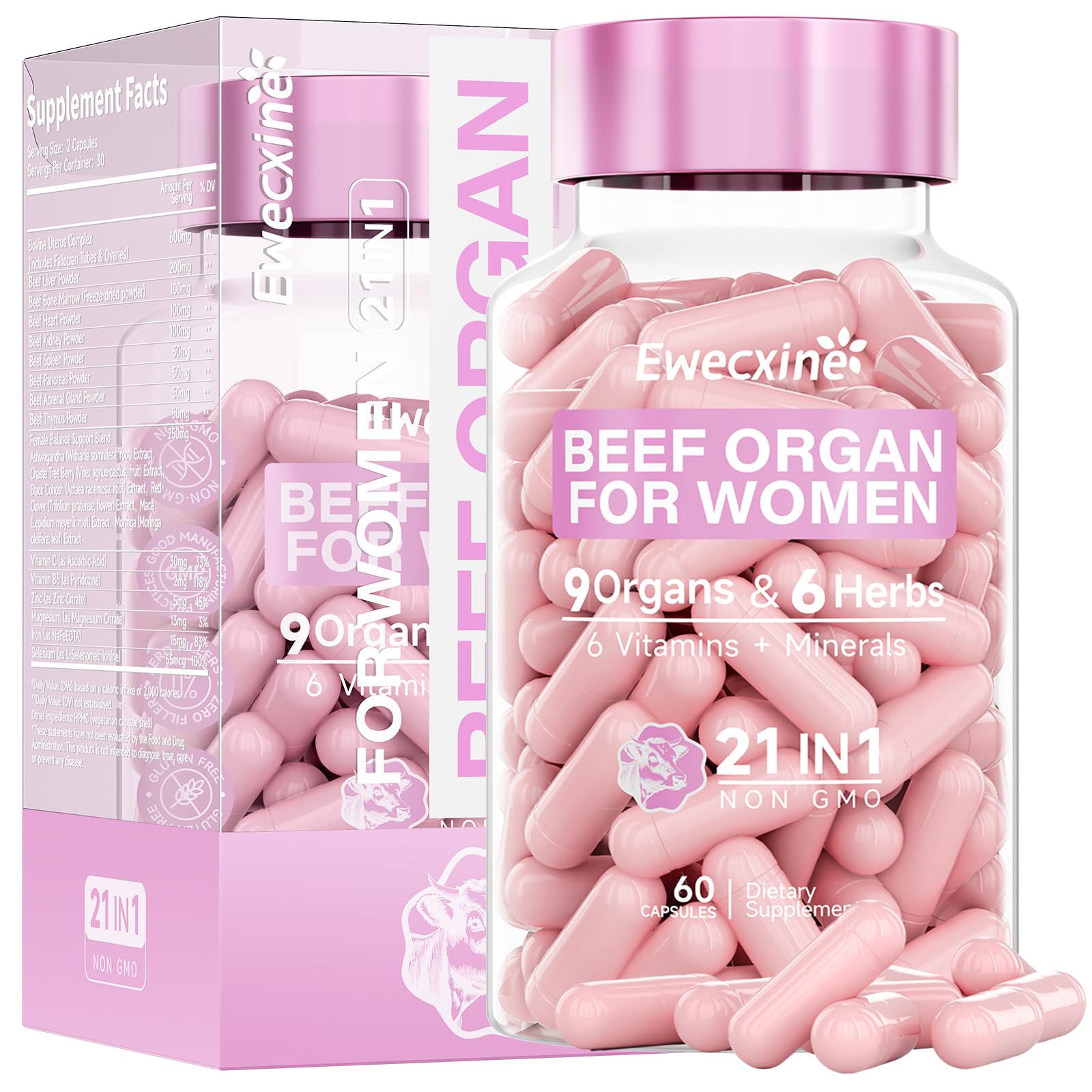 Ewecxine Beef Organ Supplement for Women bottle shows easy daily capsules for balanced energy