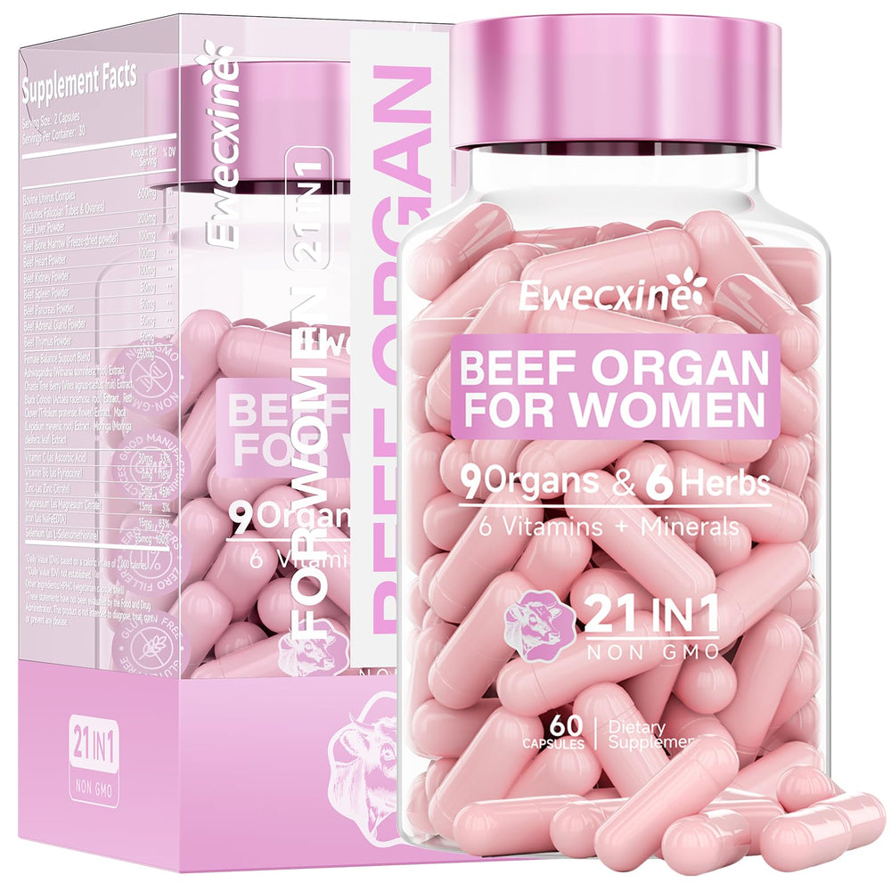 Ewecxine Beef Organ Supplement for Women bottle shows easy daily capsules for balanced energy