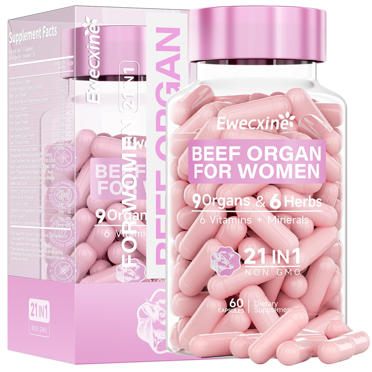 Ewecxine Beef Organ Supplement for Women bottle shows easy daily capsules for balanced energy