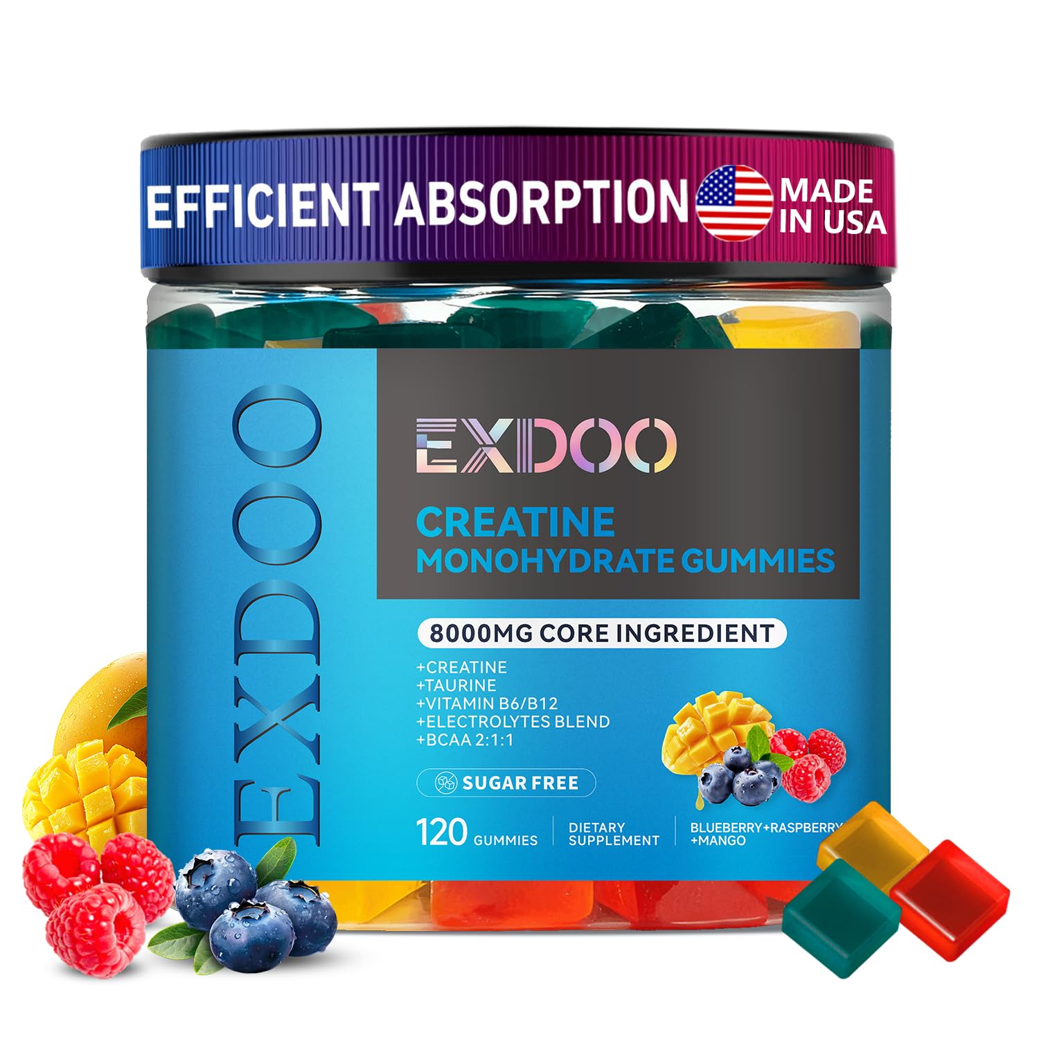 Exdoo Creatine Monohydrate Gummies jar front offers convenient workout support.