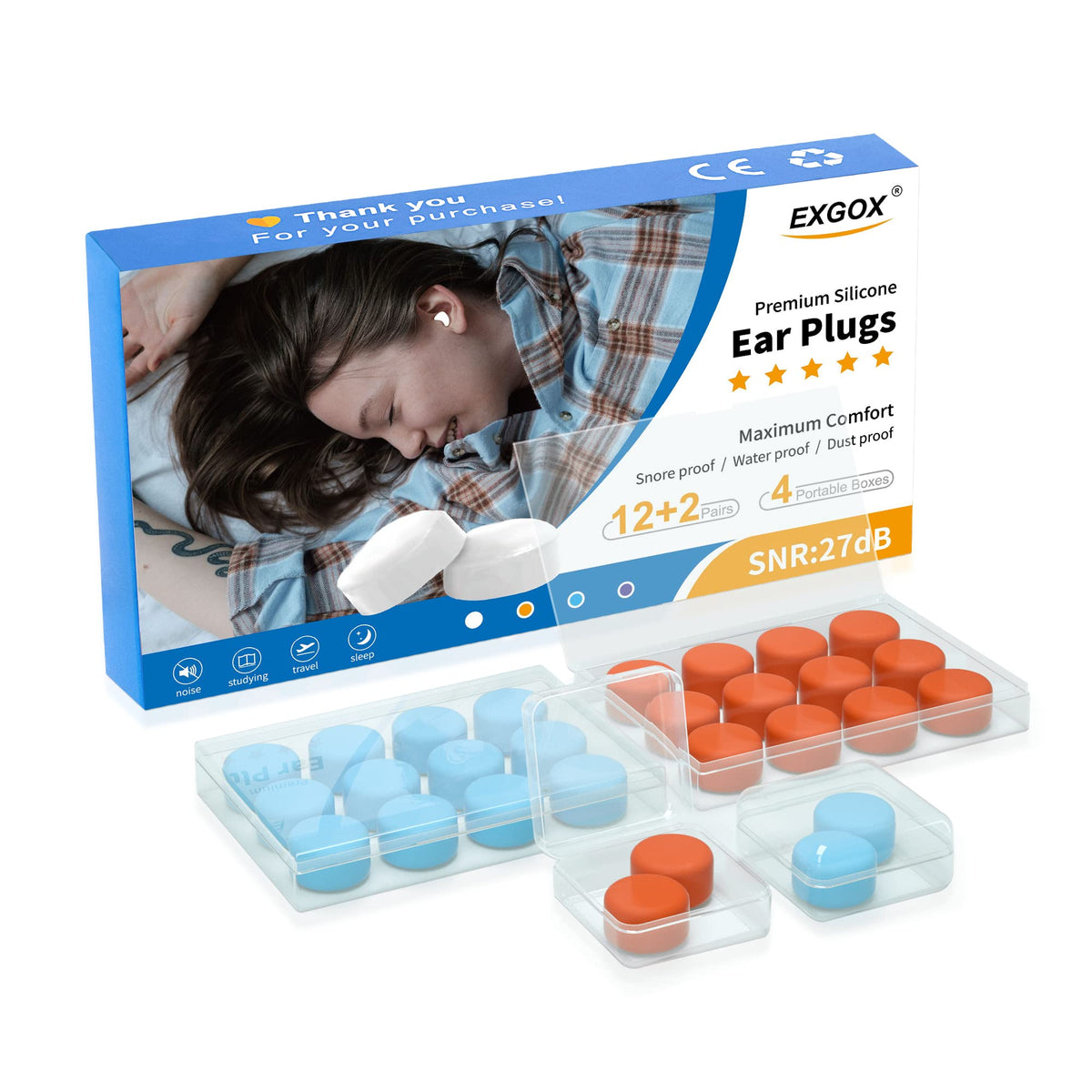 EXGOX silicone ear plugs for sleeping, soft fit and noise reduction