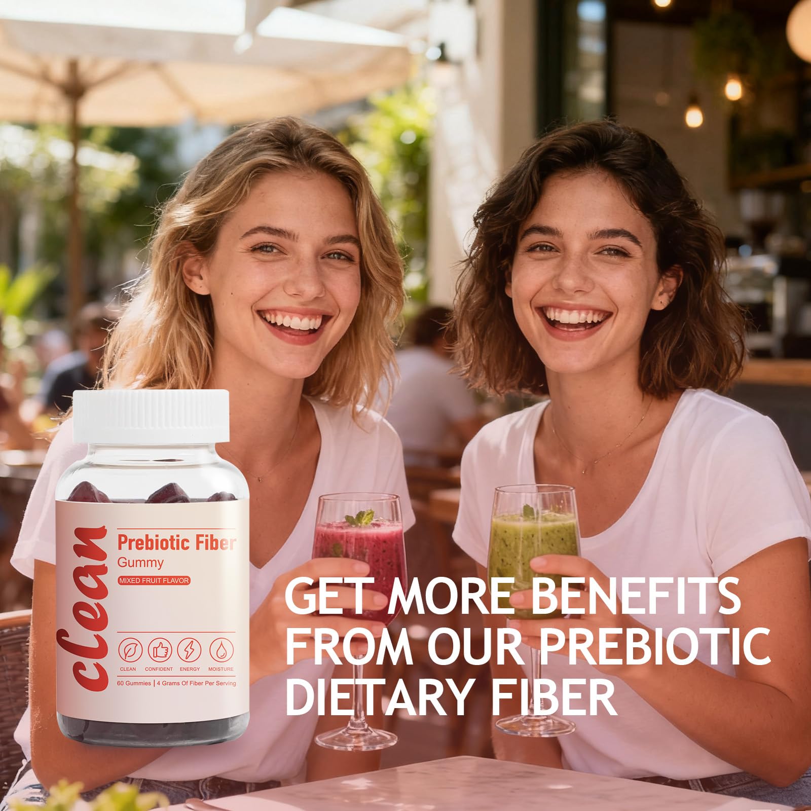 EXISHRED Clean Fiber Gummy ingredients label highlights natural, non-GMO formula