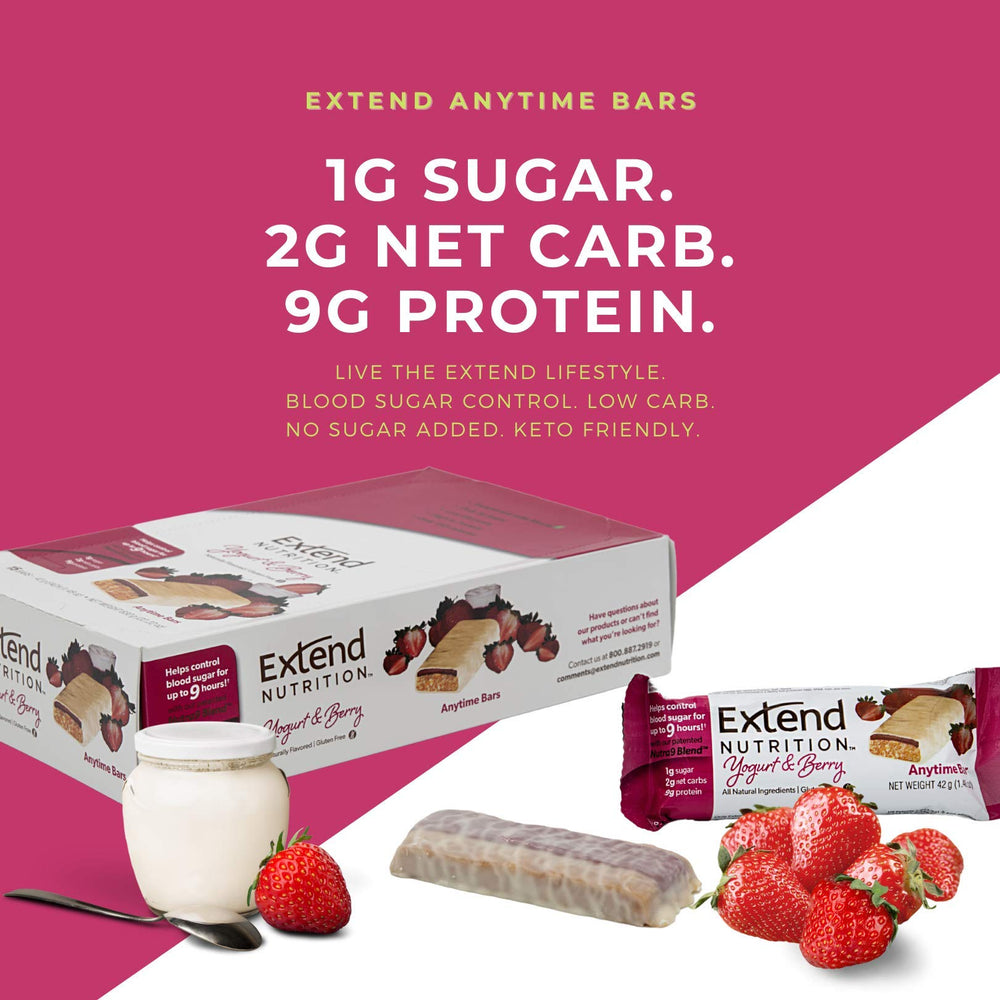 Extend Bar wrapper shows 1g sugar per bar for a low-sugar option.