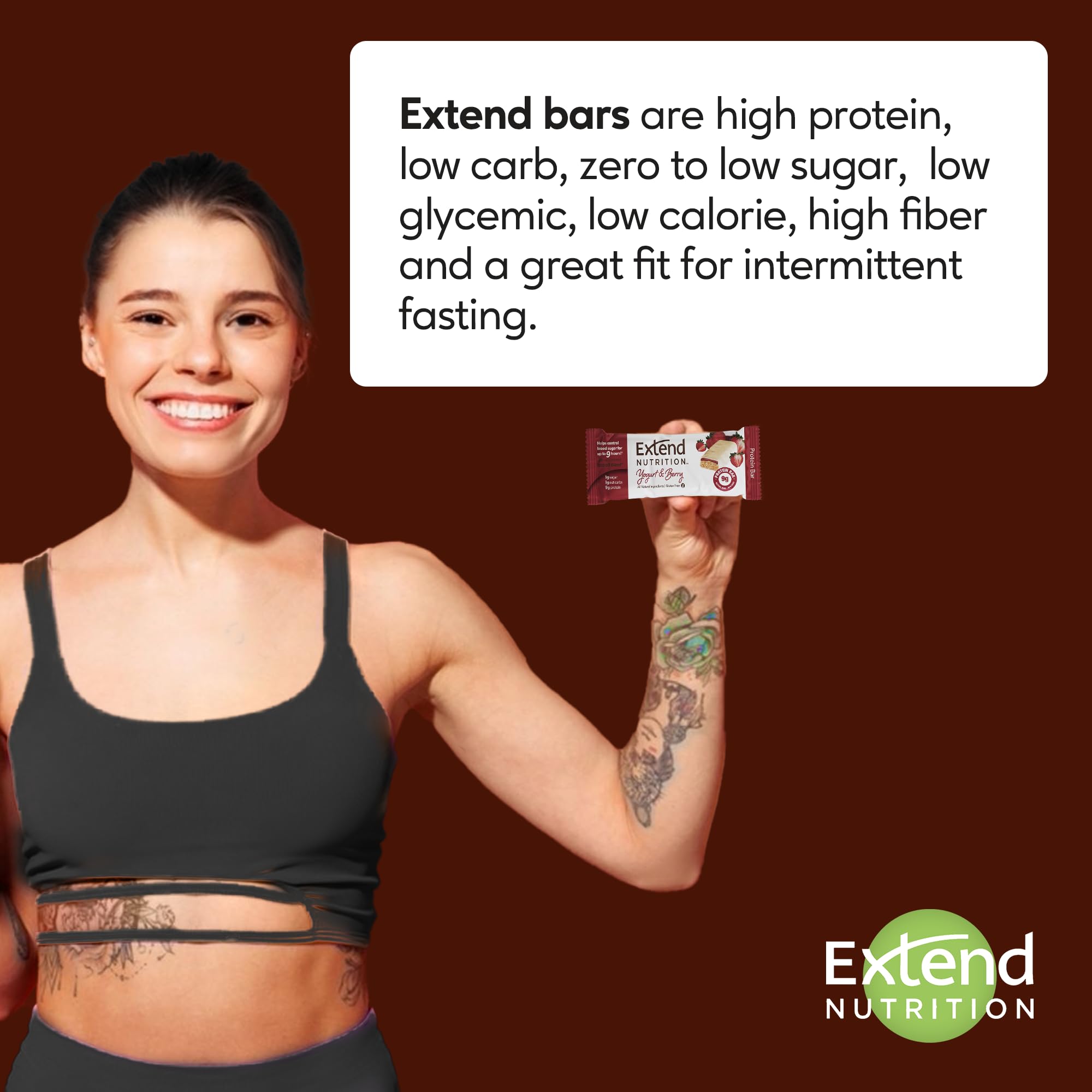 Extend Bar packaging highlights 0g sugar and 11g protein.