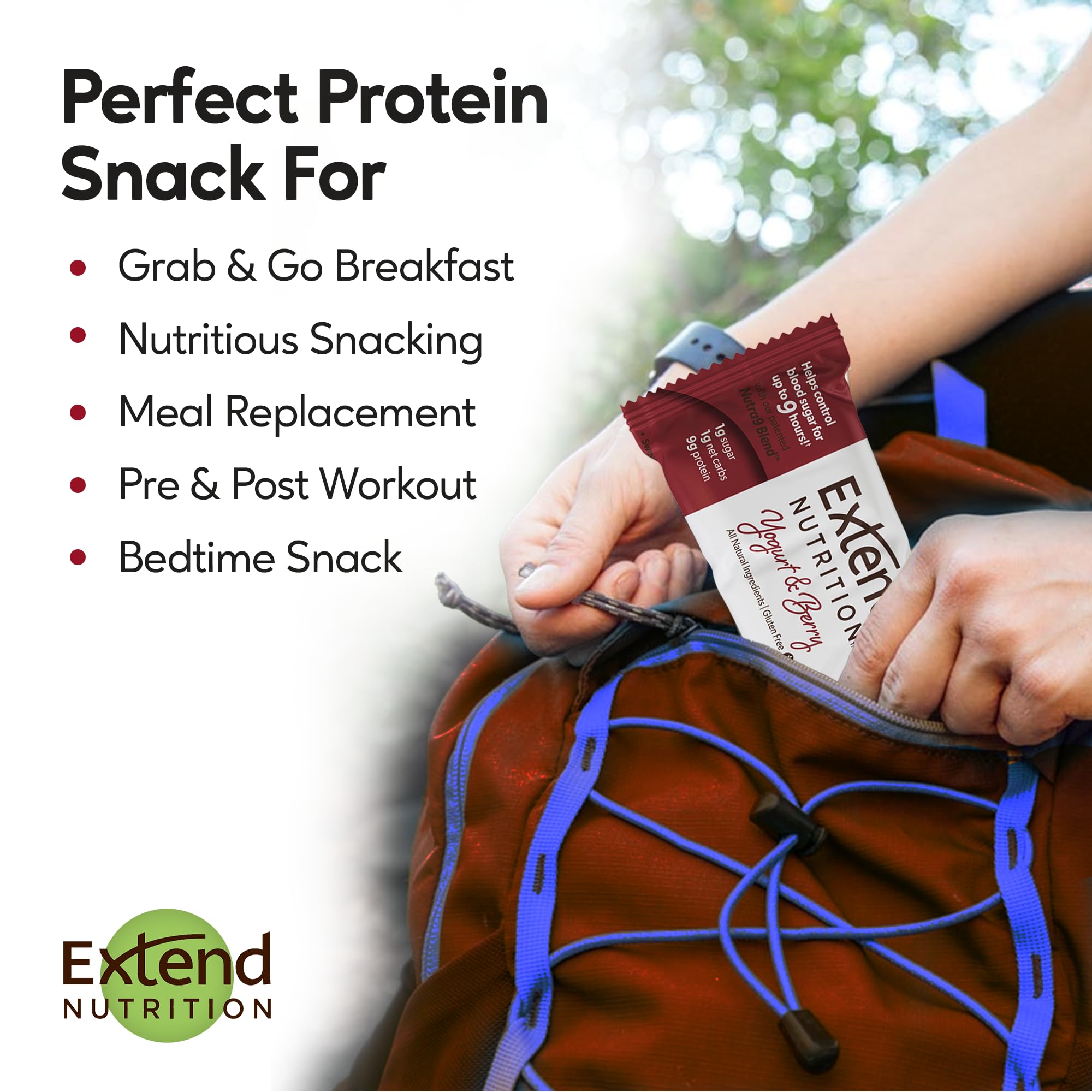Extend Bar low-carb, high-fiber formula supports steady energy during errands.