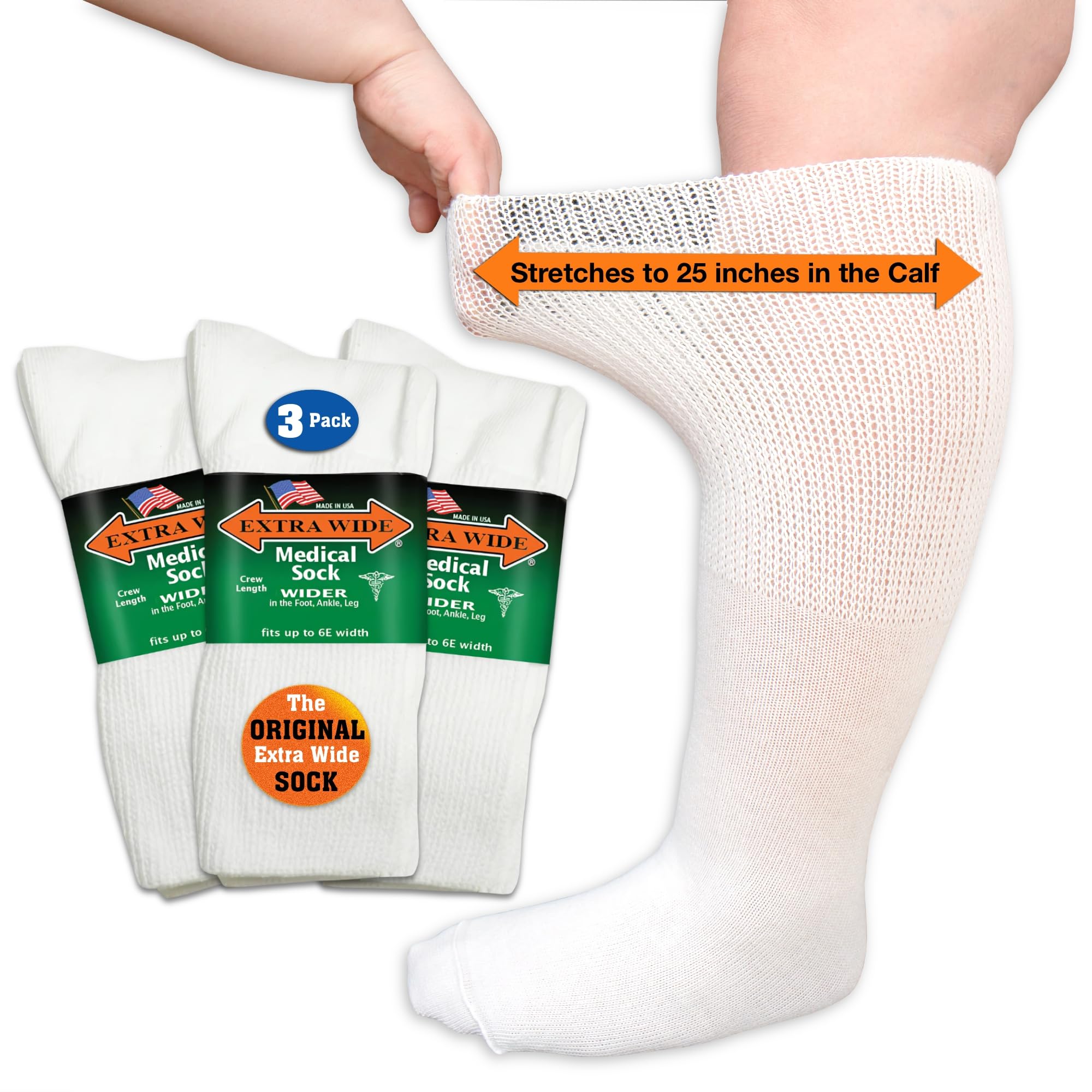 Extra Wide Medical mid-calf socks in a 3-pack with roomy fit for wider feet