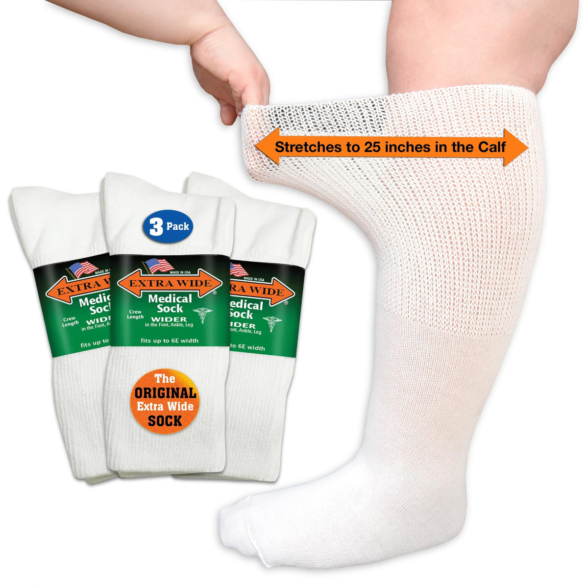 Extra Wide Medical mid-calf socks in a 3-pack with roomy fit for wider feet