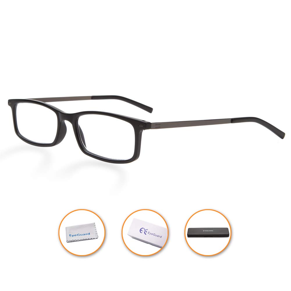 EYEGUARD reading glasses show precise lens and bridge measurements for fit.