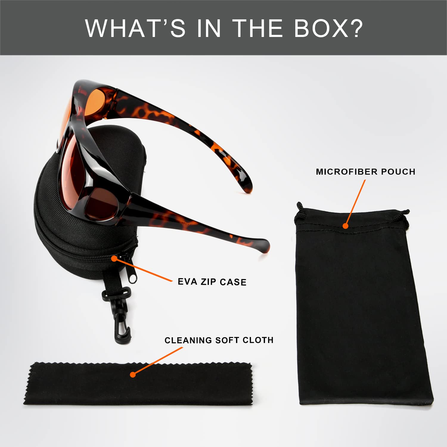 Eyekepper includes EVA case, microfiber pouch, and cleaning cloth for travel