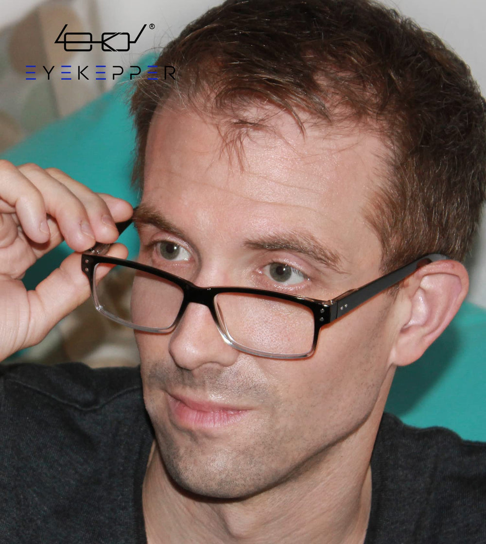 Close-up of Eyekepper men's classic readers with clear frame and hinges