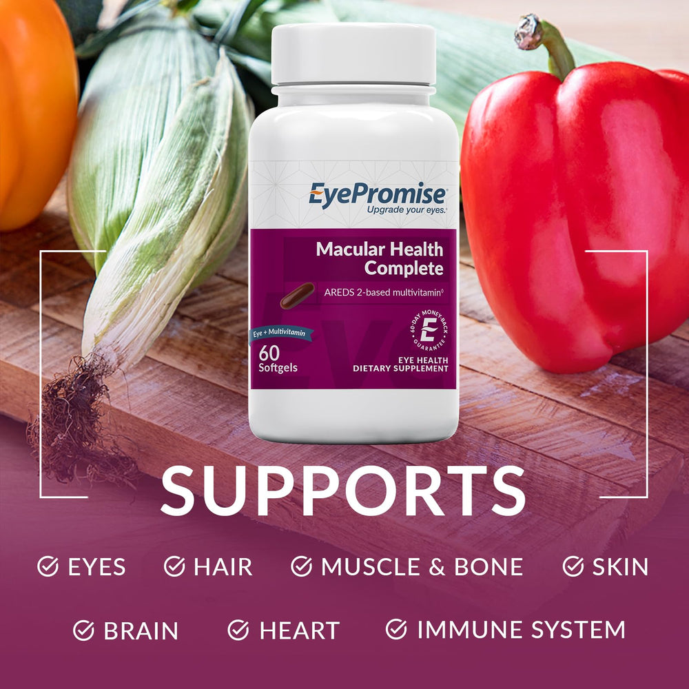 EyePromise Macular Health Complete softgel pairs stacked to show proportions