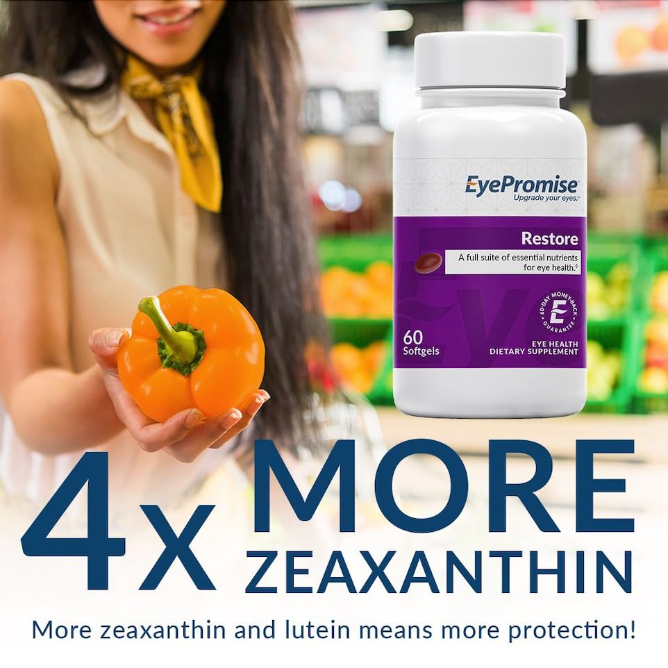 EyePromise Restore 60-count softgels pack highlights easy twice-daily eye nutrition