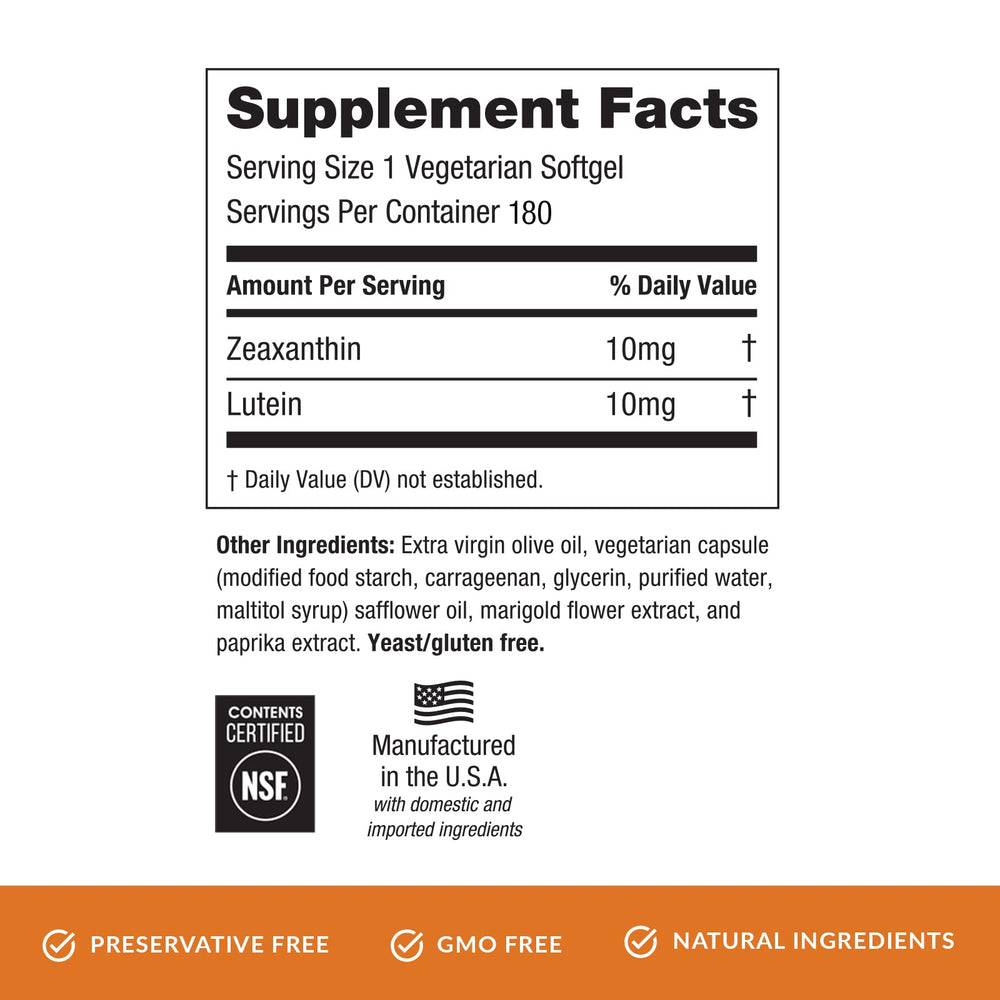 EyePromise Zeaxanthin & Lutein nourishes eye health with 10 mg each for consistency.