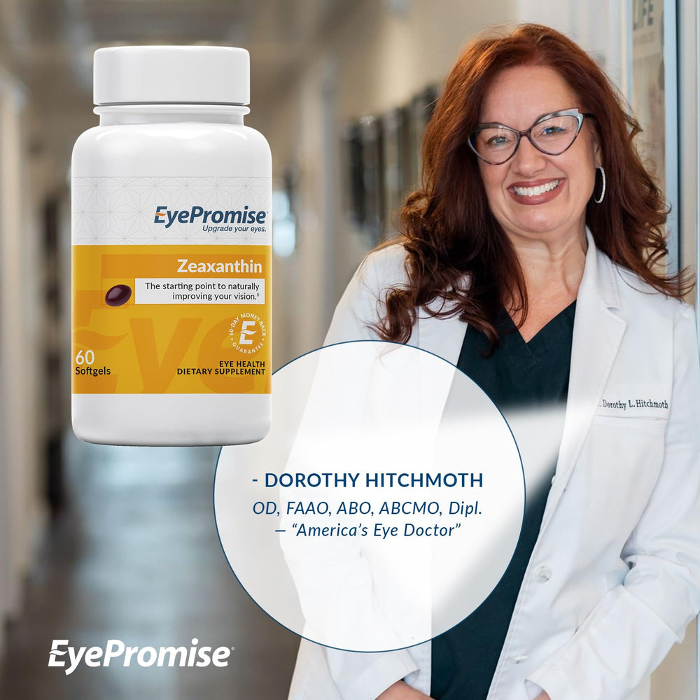 EyePromise Zeaxanthin bottle with daily-use setup for consistent eye health routine.