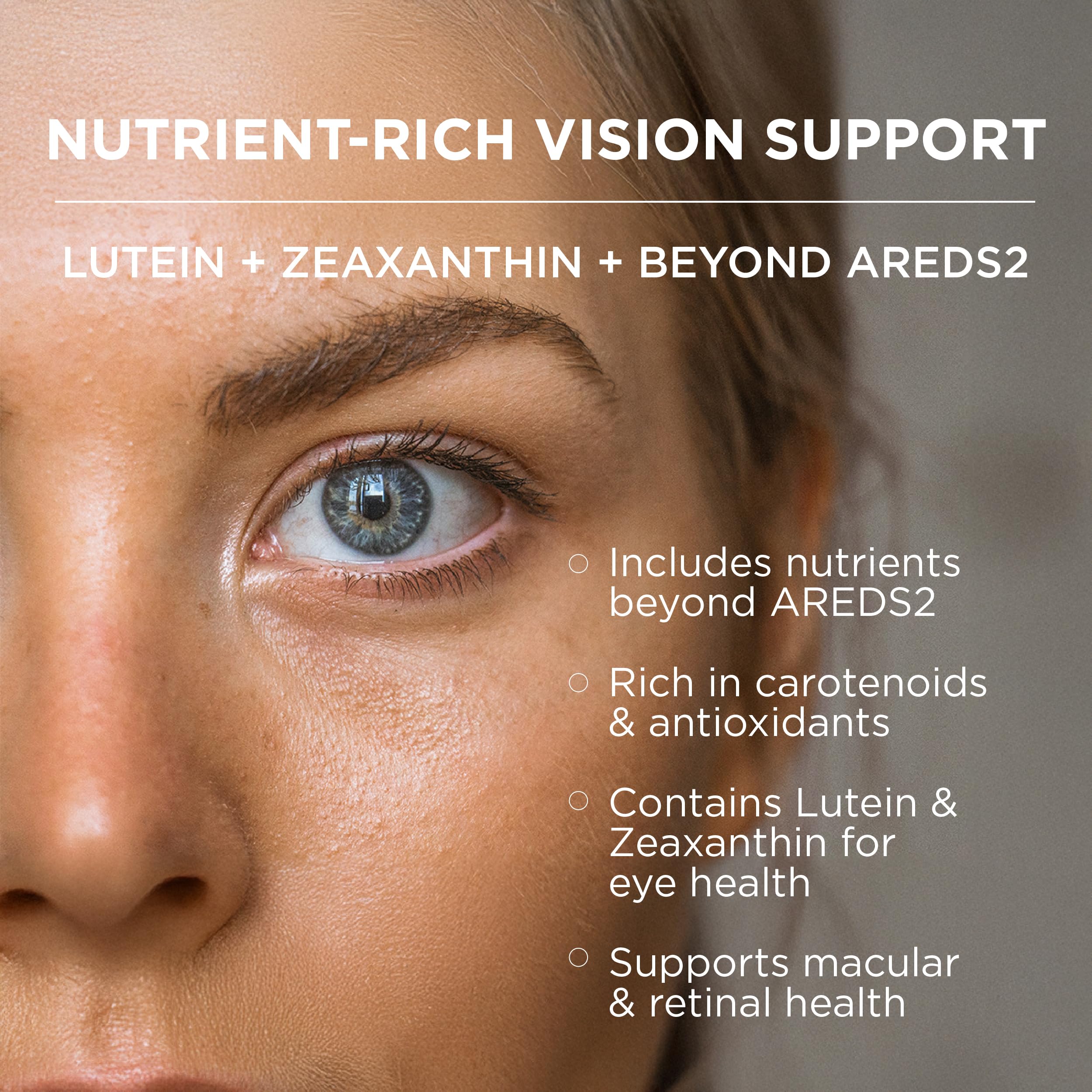 EyeScience Macular Health bottle side view showcases gluten-free natural ingredients