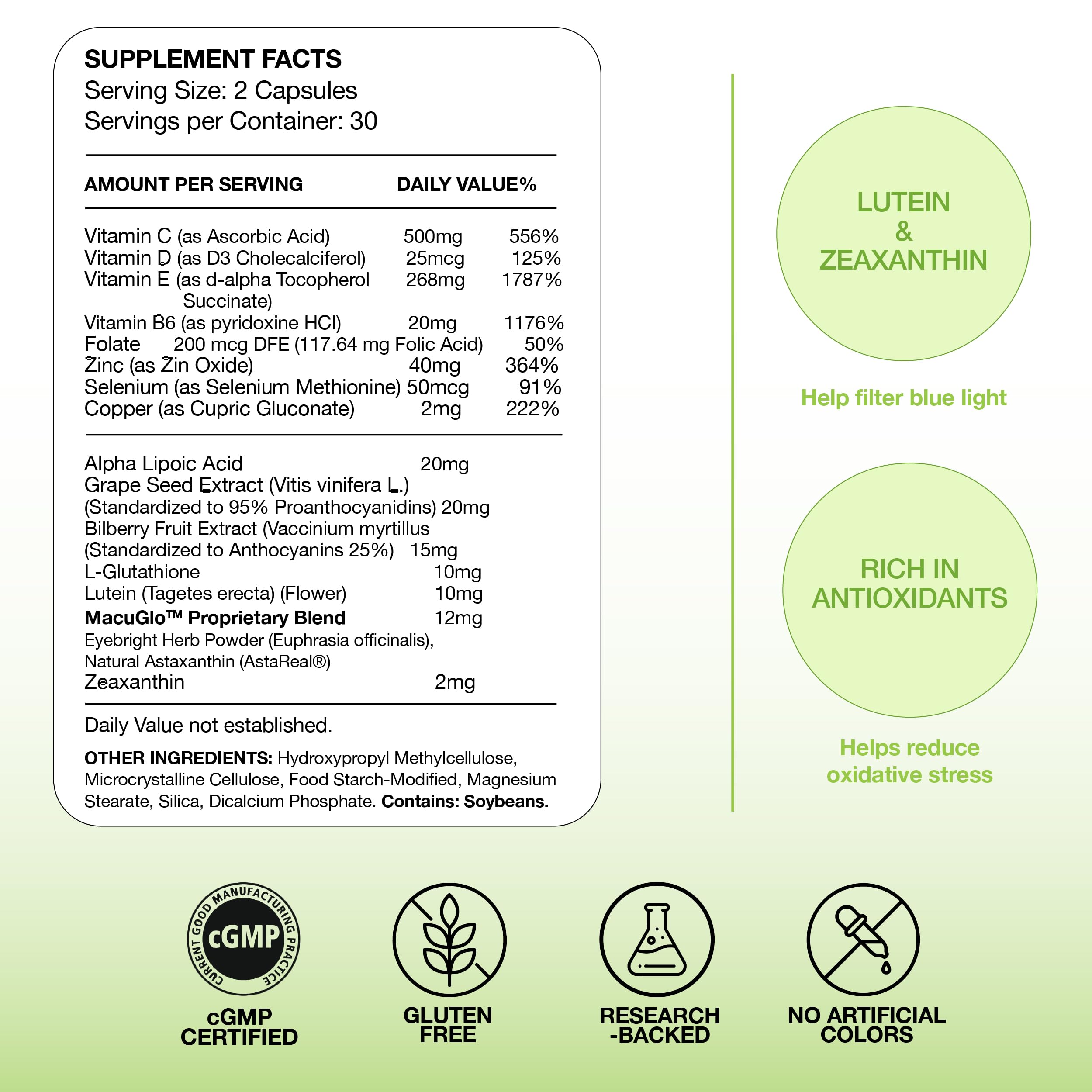 EyeScience Macular Health daily-use instruction image explains simple daily capsule routine