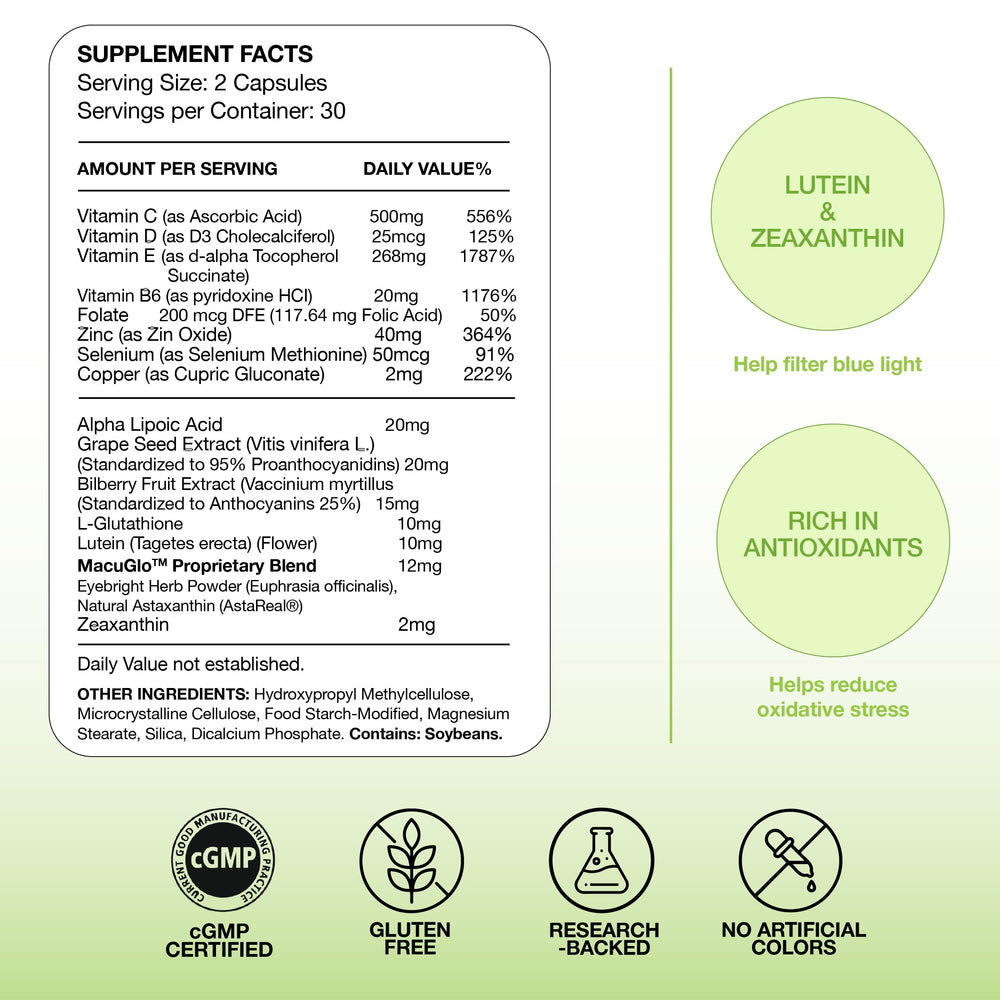 EyeScience Macular Health daily-use instruction image explains simple daily capsule routine